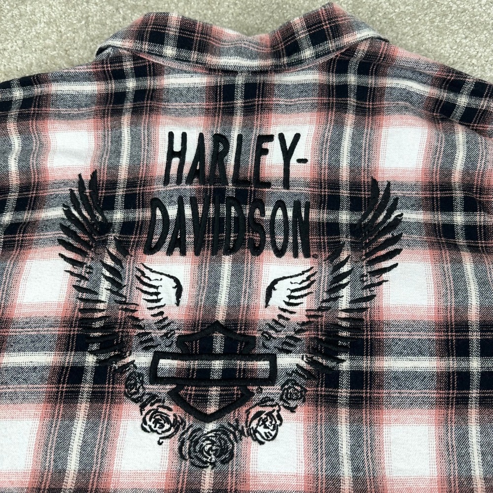 Harley Davidson Women 2W Pink Plaid Flannel Shirt Cotton Embroidered Biker Moto